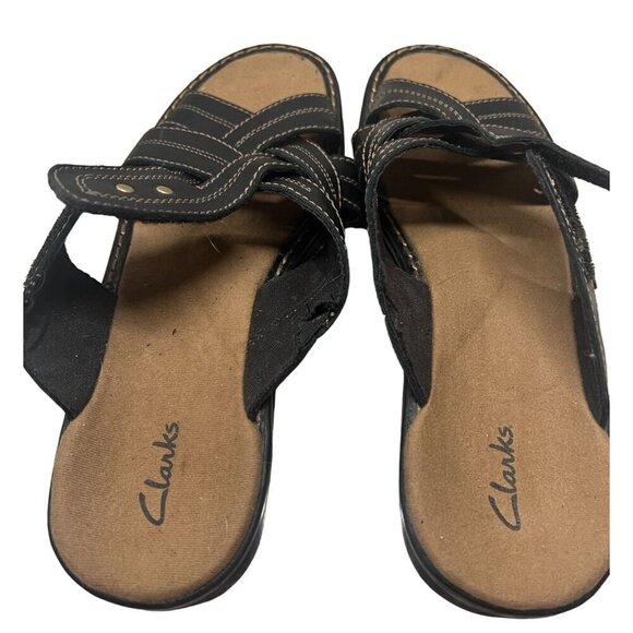 Clarks‎ Women's Criss Cross Vamp Leather Sandals 10M Black Slip-On - Picture 4 of 7